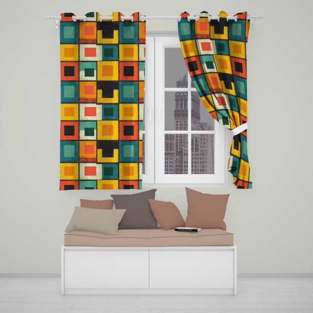 Vintage Abstract Block Texture Geometric Pattern Seamless Readymade Eyelet Ring Top Thermal 100% Blackout Curtains - image 1