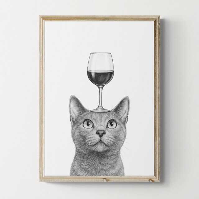 Russian Blue Cat Art Print, Funny & Wine Drawing, Lover Wall Decor, Lovers Gifts - image 1
