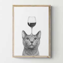 Russian Blue Cat Art Print, Funny & Wine Drawing, Lover Wall Decor, Lovers Gifts - thumbnail 1