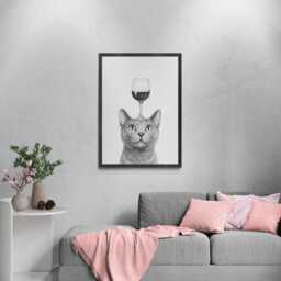 Russian Blue Cat Art Print, Funny & Wine Drawing, Lover Wall Decor, Lovers Gifts - thumbnail 3