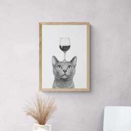 Russian Blue Cat Art Print, Funny & Wine Drawing, Lover Wall Decor, Lovers Gifts - thumbnail 2