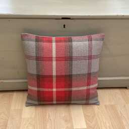 Handmade Tartan Plaid Cushion Cover Balmoral Cherry Red & Grey - thumbnail 2