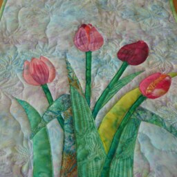 Tulip Applique Wall Hanging, Fabric Collage Floral Art, Botanical Quilt Decor - thumbnail 4