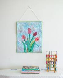 Tulip Applique Wall Hanging, Fabric Collage Floral Art, Botanical Quilt Decor