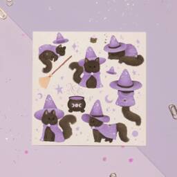 Cute Black Witch Cat Art Print - Kawaii & Aesthetic Illustration Wall Home Deco Halloween/Fall Theme - A4 A5 A6 - thumbnail 2