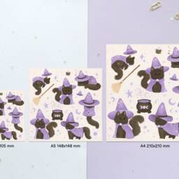 Cute Black Witch Cat Art Print - Kawaii & Aesthetic Illustration Wall Home Deco Halloween/Fall Theme - A4 A5 A6 - thumbnail 3
