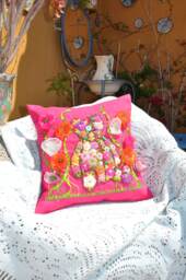 Embroidered Pillow, Teddy Print Cushion, Hand Embroidered, Linen Cushion Teddy, Rose Flowers Bears Pillows