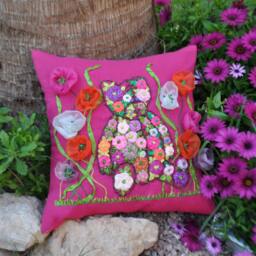 Embroidered Pillow, Teddy Print Cushion, Hand Embroidered, Linen Cushion Teddy, Rose Flowers Bears Pillows - thumbnail 4