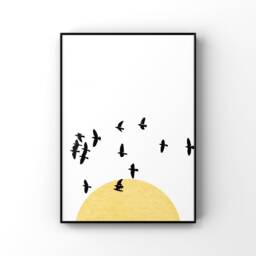 Set Of 3 Yellow Sun & Bird Prints, Living Room Posters, Neutral Beige Decor, Minimalist Birds Framed Wall Art - thumbnail 2