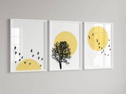 Set Of 3 Yellow Sun & Bird Prints, Living Room Posters, Neutral Beige Decor, Minimalist Birds Framed Wall Art - thumbnail 1
