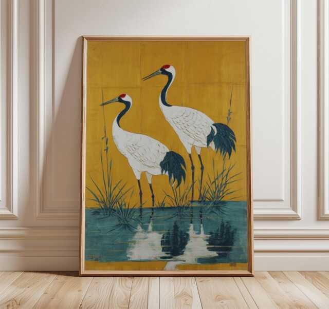 Crane Birds Poster, Yellow & Blue Japanese Art Print, Elegant Wall - image 1
