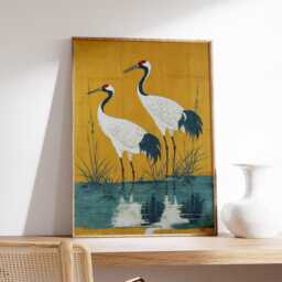 Crane Birds Poster, Yellow & Blue Japanese Art Print, Elegant Wall - thumbnail 2