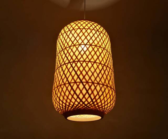 Bamboo Pendant Lamp Red/Yellow Cloth Shade, Diy Hanging Light - image 1