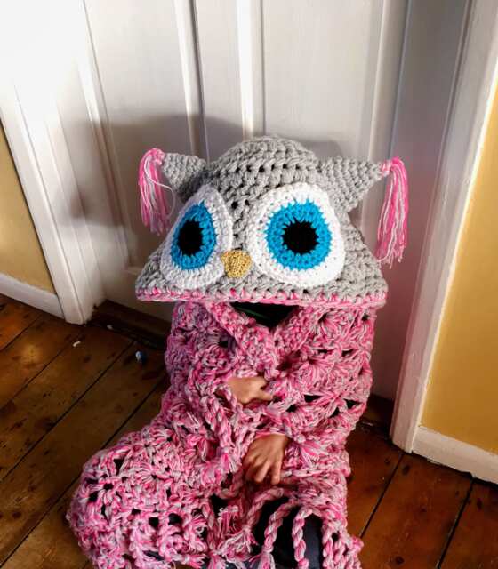 Crocheted Pink Owl Hooded Blanket - Snuggle Sack, Custom Colors Available - image 1