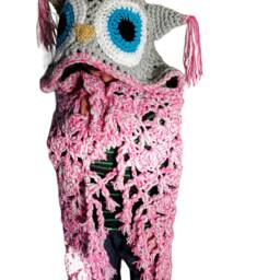 Crocheted Pink Owl Hooded Blanket - Snuggle Sack, Custom Colors Available - thumbnail 3