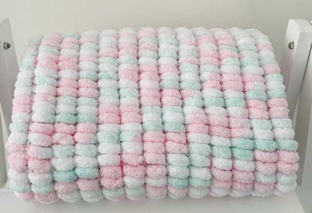 Hand Knitted Pom Baby Blanket - Pink/Mint/White Car Seat Size - Approx 42cmx44cm - image 1