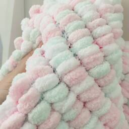Hand Knitted Pom Baby Blanket - Pink/Mint/White Car Seat Size - Approx 42cmx44cm - thumbnail 2