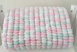 Hand Knitted Pom Baby Blanket - Pink/Mint/White Car Seat Size - Approx 42cmx44cm - thumbnail 1