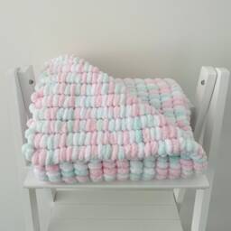 Hand Knitted Pom Baby Blanket - Pink/Mint/White Car Seat Size - Approx 42cmx44cm - thumbnail 3