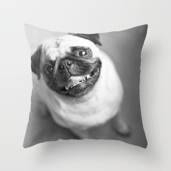 Pug Pillow - Dog Gift Lovers Happy Cushion 16x16 18x18 20x20 Cover Black & White - image 1
