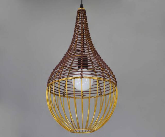 Handwoven Rattan Pendant Light, Golden Steel Frame, Boho Lighting - image 1