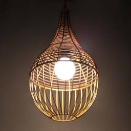 Handwoven Rattan Pendant Light, Golden Steel Frame, Boho Lighting - thumbnail 2