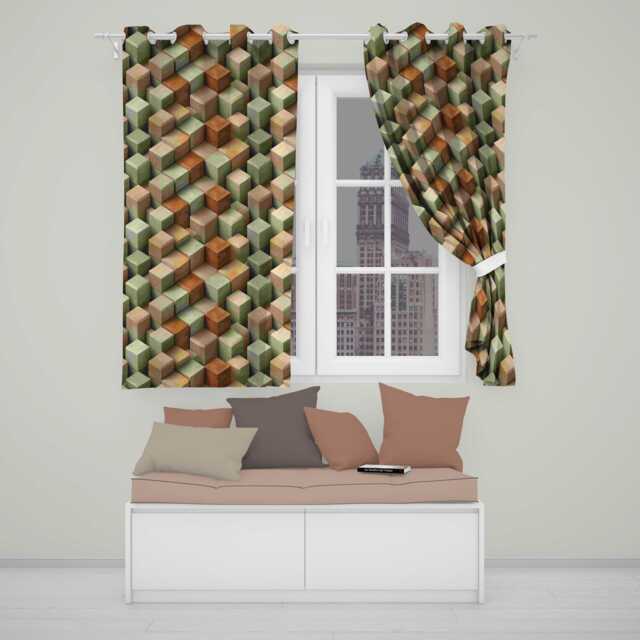 3D Stone Cube Texture Neutral Earth Tone Blocks Seamless Pattern Readymade Eyelet Ring Top Thermal 100% Blackout Curtains - image 1