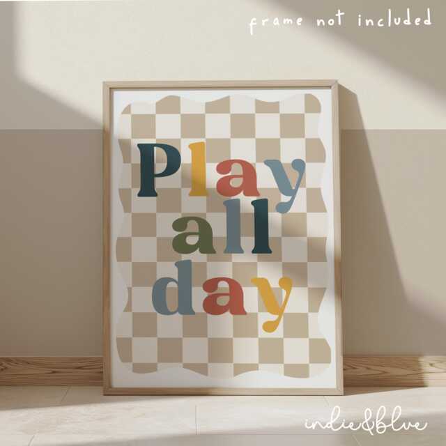 Colourful Play All Day Print, Checkered Pattern Boys Prints, Kids Retro Bedroom Playroom, Scandi Nursery Decor - image 1