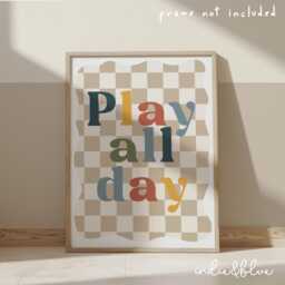 Colourful Play All Day Print, Checkered Pattern Boys Prints, Kids Retro Bedroom Playroom, Scandi Nursery Decor - thumbnail 1