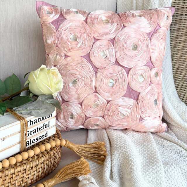 "Art Silk Pink Ribbon Embroidered Rose Decorative Pillow Sham, 24""x24""/26""x26" - image 1
