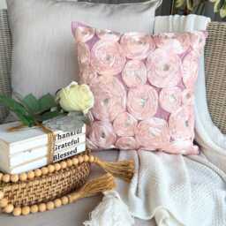 "Art Silk Pink Ribbon Embroidered Rose Decorative Pillow Sham, 24""x24""/26""x26" - thumbnail 2
