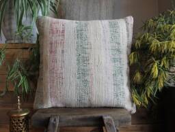 50cm - Or 20Inch Vintage Kilim Cushion Cover Handwoven - Goat Hair/Wool/Linen Green Cream Red - thumbnail 1
