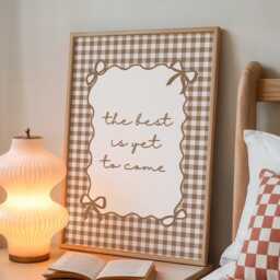 The Best Is Yet To Come, Brown Gingham Checkered Print, Minimalist Kitchen Decor, Trendy Aesthetic Home Cute Positive Poster - thumbnail 1
