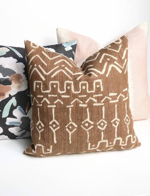 Cognac Camel Brown Chenille Tribal Mud Cloth Geometric Print Decorative Pillow Cover - image 1