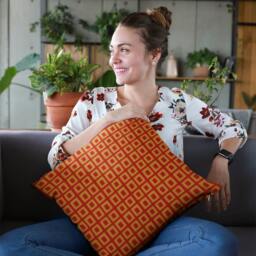 Peruvian Nasca Weaving Print in Red & Gold Bixes Spun Polyester Square Throw Pillow - thumbnail 2