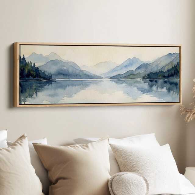 Watercolour Mountain Lake Horizontal Wall Art With Calm Reflections & Misty Landscape - image 1