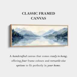 Watercolour Mountain Lake Horizontal Wall Art With Calm Reflections & Misty Landscape - thumbnail 2