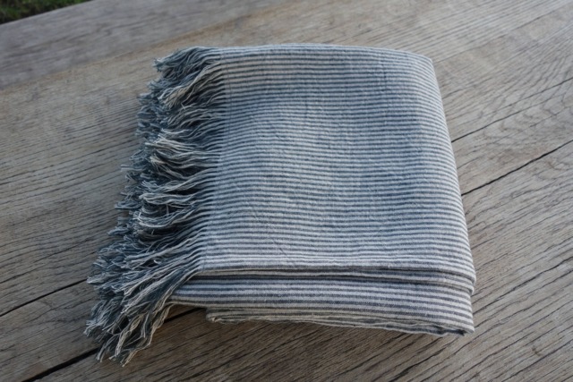 Linen Blanket, Fringed Linen Throw, Flax Striped Natural Grey Damask Bedspread, 200Gsm - image 1