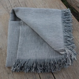 Linen Blanket, Fringed Linen Throw, Flax Striped Natural Grey Damask Bedspread, 200Gsm - thumbnail 2