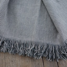 Linen Blanket, Fringed Linen Throw, Flax Striped Natural Grey Damask Bedspread, 200Gsm - thumbnail 4