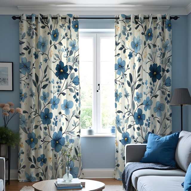 Botanical Drapes, Navy & Sky Blue Flower Print Panels, Custom Made Eyelet Or Rod Pocket Curtains, Modern Living Room Decor - image 1