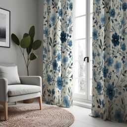 Botanical Drapes, Navy & Sky Blue Flower Print Panels, Custom Made Eyelet Or Rod Pocket Curtains, Modern Living Room Decor - thumbnail 2