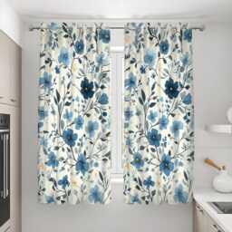 Botanical Drapes, Navy & Sky Blue Flower Print Panels, Custom Made Eyelet Or Rod Pocket Curtains, Modern Living Room Decor - thumbnail 3
