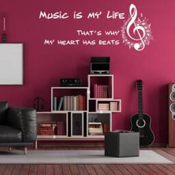 Music Is My Life Wall Sticker - Note Quote Gift Decor Art Vinyl Decal Dj Room Festival Love Event Earphone Saying Sign Stick Mural - thumbnail 1
