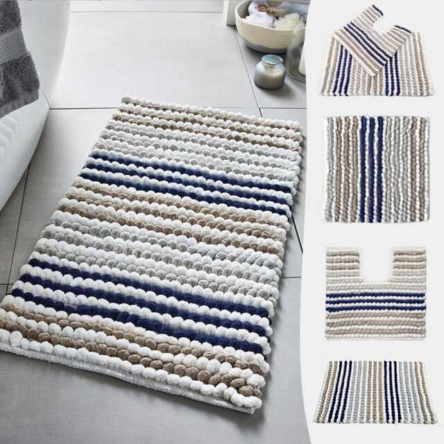 Navy Blue Bobble Bathroom Mats - Bath Mats, Toilet Pedestal Mat, & Square Bathmats Striped Hand Woven Rugs in Chunky Loop