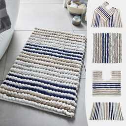 Navy Blue Bobble Bathroom Mats - Bath Mats, Toilet Pedestal Mat, & Square Bathmats Striped Hand Woven Rugs in Chunky Loop - thumbnail 1