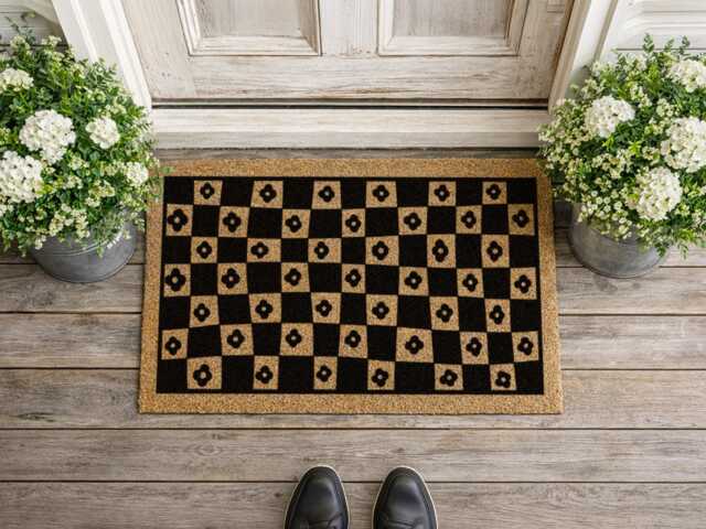 Botanical Checkered Welcome Mat - Flower Pattern Doormat Cottage Style Rug - image 1