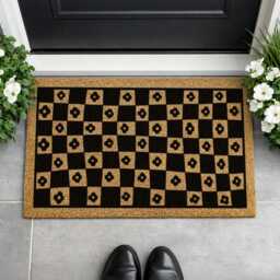 Botanical Checkered Welcome Mat - Flower Pattern Doormat Cottage Style Rug - thumbnail 3