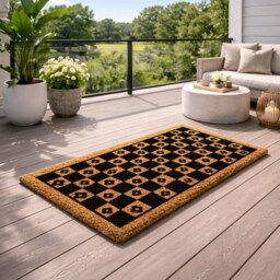 Botanical Checkered Welcome Mat - Flower Pattern Doormat Cottage Style Rug - thumbnail 2