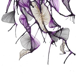 Original Abstract Art - Purple Hues, Black, White & Gold Ink, Pen & Leaf On Bristol Paper - thumbnail 3